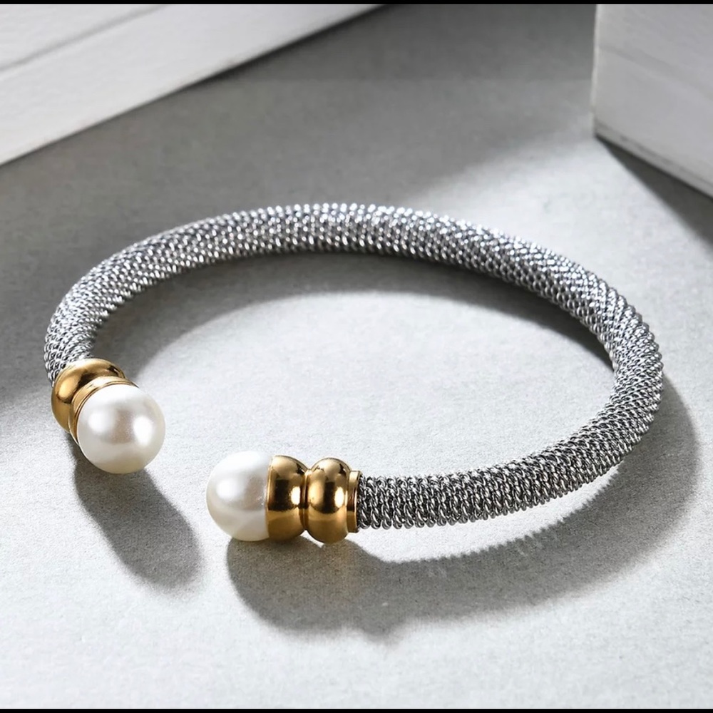 SOLD/ Stainless Steel Faux Pearl Bangle